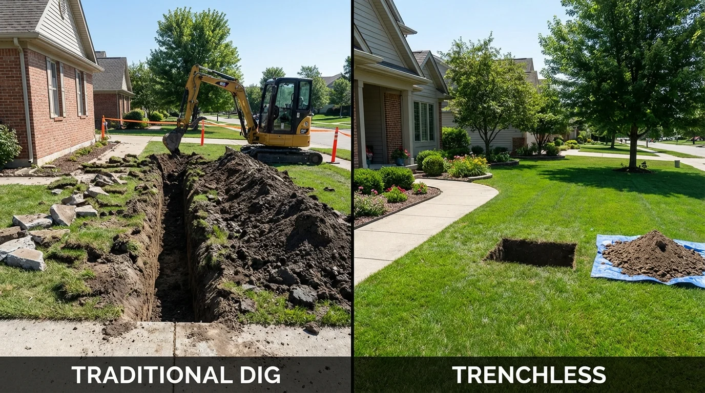 Trenchless sewer repair with minimal yard damage versus traditional excavation in Waterloo, IL